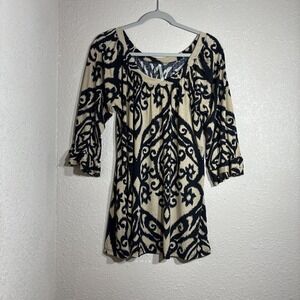 Vall Dress Blouse Brown And Black Pattern With 3/4 Ruffle Sleeves